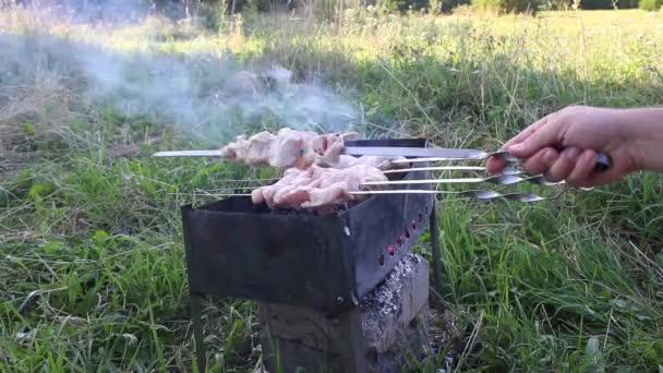 Um braseiro de metal com brasas brilhantes. O fumo vem dele. O homem verifica a prontidão da carne de churrasco . — Vídeo de Stock