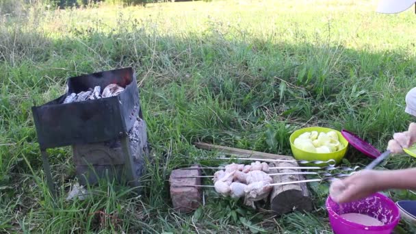 Kovová pánev s pálícím dřevem. Oheň a kouř jsou v něm vidět. Muž věší kuřecí maso na špejle. Místa u grilu. — Stock video