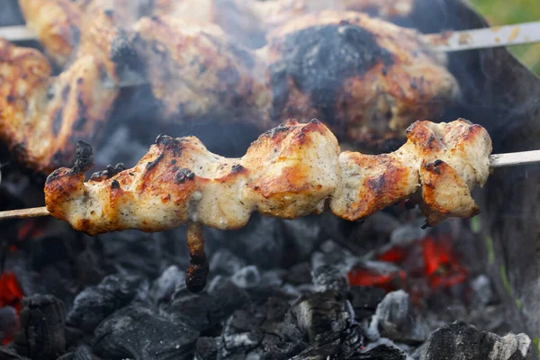 グリル上のチキン料理ケバブ フライドチキンの肉 バーベキューやメンバーを見ることができます 上から撮影 — ストック写真