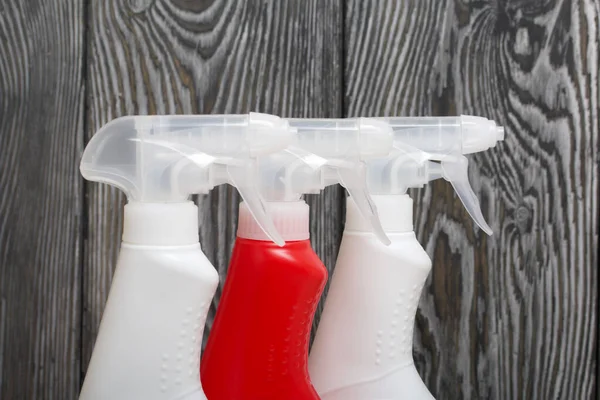 Plastic Bottles White Red Color Spray Gun Cleaning Spray Background — Stock Photo, Image