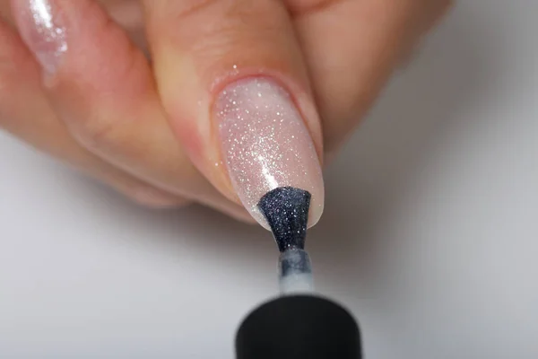 Woman Gives Herself Manicure Apply New Nail Polish Brush Taken — Stock Photo, Image