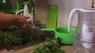 Mutfak lavabosunda bir sürü maydanoz var. Bir adam musluğun altında yıkıyor. Suyu kapatır ve gider..