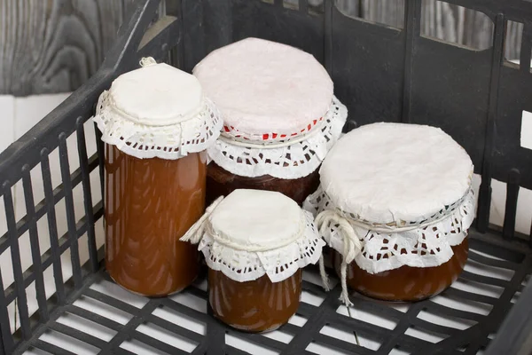 Confiture Dans Des Pots Verre Tient Dans Une Boîte — Photo