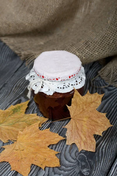 Jam Glass Jar Nearby Dried Maple Leaves — Stock Photo, Image