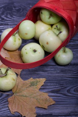 Ters dönmüş elma sepeti. Yakınlarda elmalar ve kurumuş akçaağaç yaprakları var. Meyve hasadı.