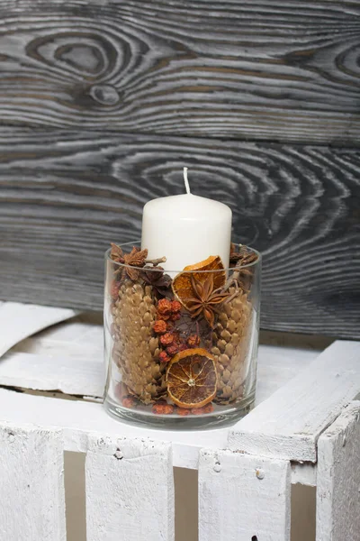 Candle Glass Candlestick Candlestick Filled Dried Cones Spices Dried Fruits — Stock Photo, Image
