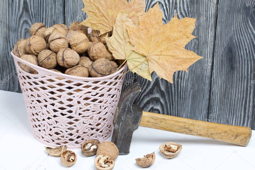 A basket with walnuts. Nearby lies a hammer, chopped nuts, and dried maple leaves.