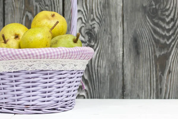Ripe Pears New Harvest Wicker Basket Background Painted Pine Boards — Stock Photo, Image