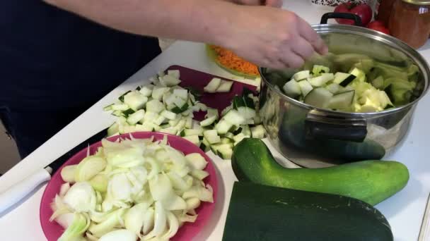 A man grinds a vegetable marrow. Nearby vegetables for cooking squash caviar. Zucchini, carrots, onions and tomatoes on the table surface.. — Stock Video
