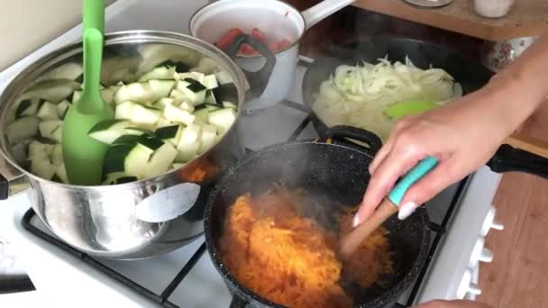 Gotowanie kawioru squasha. Składniki są gotowane na kuchence gazowej. Kobieta miesza cukinię, marchewkę, pomidory i cebulę. — Wideo stockowe