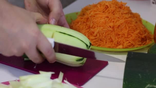 Un hombre muele una médula vegetal. Verduras cercanas para cocinar caviar de calabaza. Calabacín, zanahorias, cebollas y tomates en la superficie de la mesa. Primer plano de disparo. — Vídeo de stock