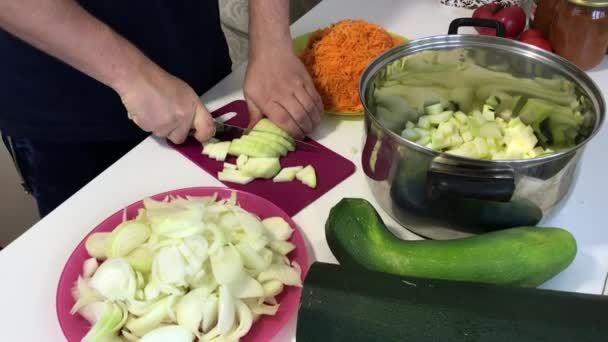 Мужчина измельчает овощной мозг. Ближайшие овощи для приготовления икры. Цуккини, морковь, лук и помидоры на поверхности стола. — стоковое видео