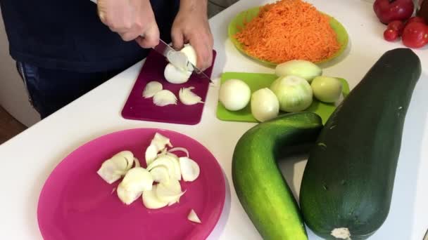 一个人切洋葱.附近有蔬菜烹调南瓜鱼子酱.桌上放着胡瓜、胡萝卜、洋葱和西红柿. — 图库视频影像