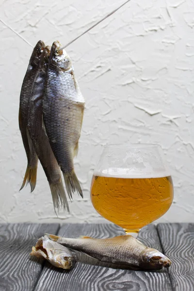 Peixe Rio Seco Pendura Uma Corda Copo Cerveja Nas Proximidades — Fotografia de Stock