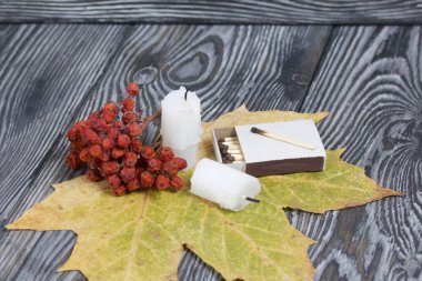 Fırçalanmış çam ağaçlarının üzerinde iki şamdan. Yakınlarda bir kutu kibrit, kurumuş bir akçaağaç yaprağı ve bir yığın dağ külü var..