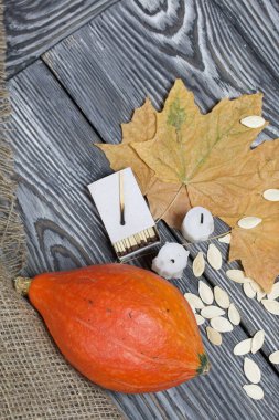 Portakal kabağı, tohumlar ve mum koçanları. Yakınlarda kibrit kutuları ve kurumuş akçaağaç yaprakları var. Çam ağacından yapılmış tahtalarda siyah beyaz boyanmış..