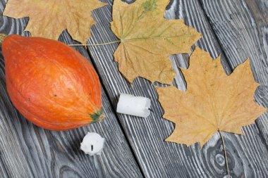 Turuncu balkabağı ve mum koçanları. Akçaağaç yapraklarının yanında. Çam ağacından yapılmış tahtalarda siyah beyaz boyanmış..