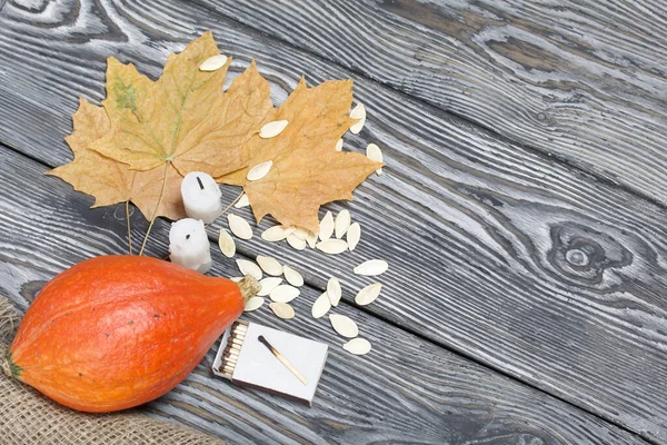 Portakal kabağı, tohumlar ve mum koçanları. Yakınlarda kibrit kutuları ve kurumuş akçaağaç yaprakları var. Çam ağacından yapılmış tahtalarda siyah beyaz boyanmış..