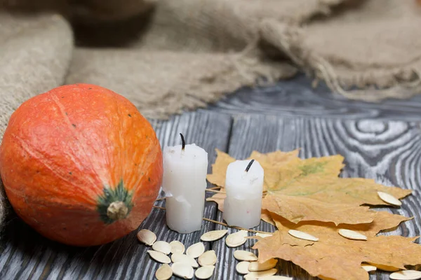 Zucca Arancia Semi Tacchetti Candela Nelle Vicinanze Sono Foglie Acero — Foto Stock