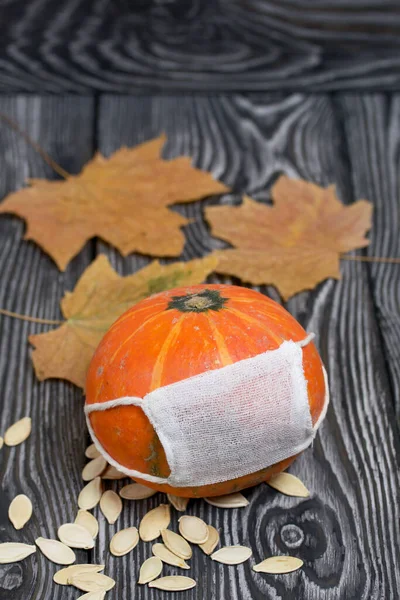 Tıbbi maskeli turuncu balkabağı. Balkabağı tohumu ve kurumuş akçaağaç yaprakları etrafa saçılmış. Siyah beyaz renklerle boyanmış çam ağaçlarının arka planında.