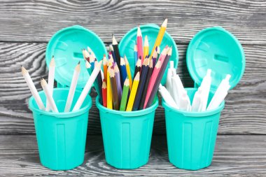 Renkli kalemler, tükenmez kalemler. Çöp tenekesi şeklinde bir kalem kutusu. Çam ağacından yapılmış tahtalarda siyah beyaz boyanmış..