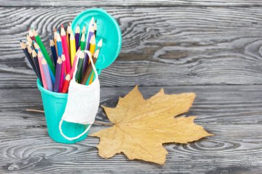 Kalem tutacağındaki renkli kalemler. Tıbbi maske takıyorlar. Yakınlarda kurumuş akçaağaç yaprakları var. Çöp tenekesi şeklinde bir kalem kutusu. Çam ağacından yapılmış tahtalarda siyah beyaz boyanmış..