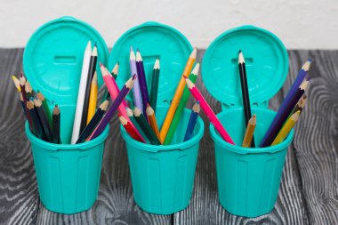 Kalem tutacaklarında renkli kalemler. Çöp tenekesi şeklinde bir kalem kutusu. Çam ağacından yapılmış tahtalarda siyah beyaz boyanmış..