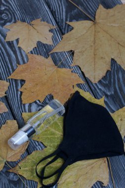 Tıbbi maske, antiseptik ve kurumuş akçaağaç yaprakları. Siyah-beyaz boyanmış çam ağaçlarında..