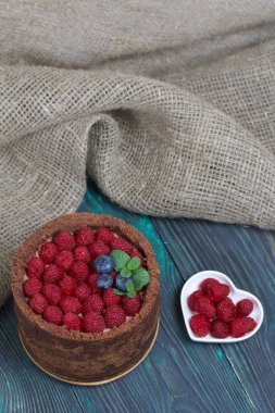 Krem peynirli fırınlanmamış çikolatalı kek. Ahududu, yaban mersini ve nane yapraklarıyla süslenmiş. Siyah ve yeşile boyanmış çam ağaçlarının yüzeyinde.