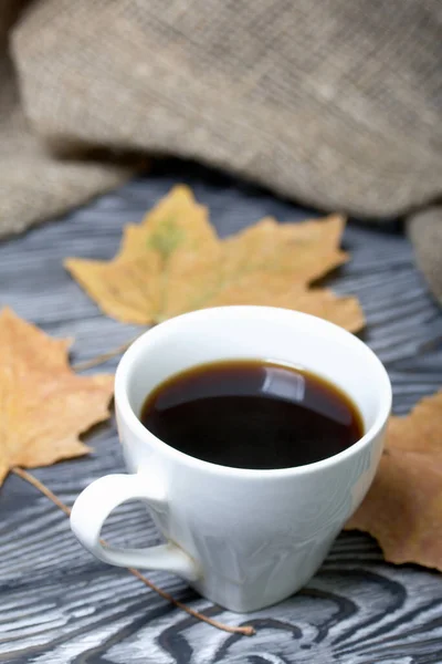 Una Taza Café Entre Hojas Arce Secas Sobre Tablones Pino — Foto de Stock