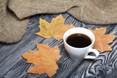 Kurumuş akçaağaç yapraklarının arasında bir fincan kahve. Siyah beyaza boyanmış çam ağaçlarında. Yakınlarda pürüzlü keten kumaş var..