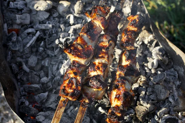 Shish Kebab Con Carne Una Griglia Metallo Con Carboni Preso — Foto Stock