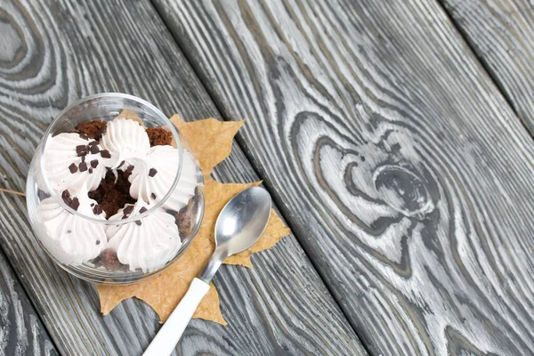 Zephyr Glass Biscuit Chocolate Nearby Dried Maple Leaves Pine Boards — Stock Photo, Image