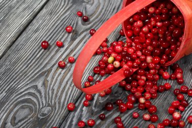 Ters dönmüş bir sepet kızılcık. Böğürtlenler ahşap bir yapı ile kalasların yüzeyine saçılmıştı..