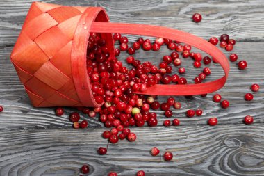 Ters dönmüş bir sepet kızılcık. Böğürtlenler ahşap bir yapı ile kalasların yüzeyine saçılmıştı..