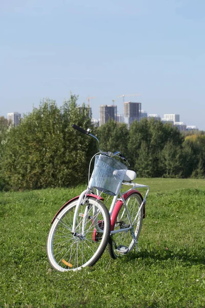 Damski Rower Czerwieni Bieli Stoi Parku Trawniku Horyzoncie Widoczne Wielopiętrowe — Zdjęcie stockowe