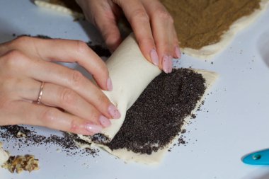 Kadın hamuru, uygulamalı haşhaş katmanıyla bir tüpe sarar. Çörek pişiriyorum..