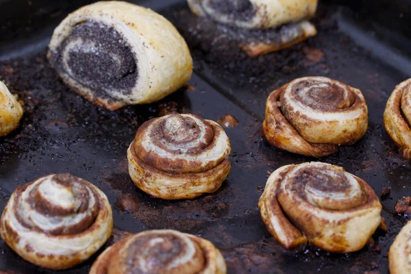 Bollos Horno Rellenos Amapola Canela Nueces Acuéstese Una Bandeja Para — Foto de Stock