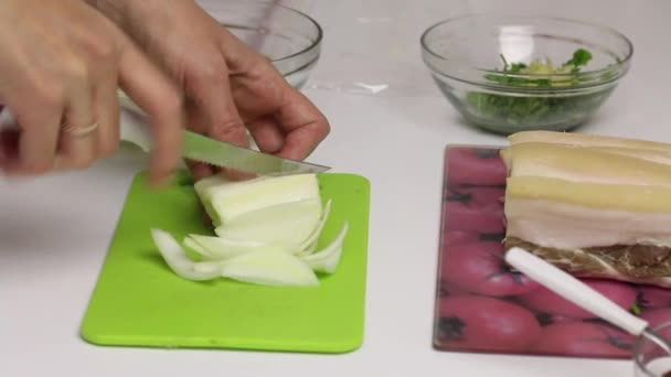 The woman is cutting the onion. The chopped fat lies on the board. Container contains parsley and garlic. Salted lard with herbs and spices — Stock Footage The woman is cutting the onion. The chopped fat lies on the board. Container contains parsley and garlic. Salted lard with herbs and spices Stock Footage