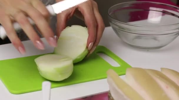 La mujer está cortando la cebolla. La grasa picada yace en el tablero. Contenedor contiene perejil y ajo. Manteca salada con hierbas y especias. — Vídeos de Stock