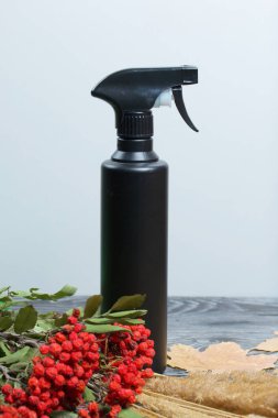 Antiseptikle birlikte plastik sprey şişesi. Etrafında bir buket kurutulmuş ot, rowan dalları ve kurumuş akçaağaç yaprakları var. Siyah çam ağaçlarının üzerinde yatıyorlar..