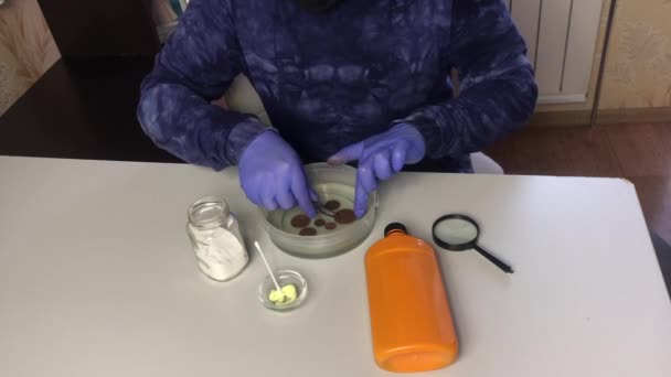 Um homem mascarado usando luvas de borracha coloca moedas em ácido fosfórico e verifica o processo de limpeza. Moedas e produtos químicos corroídos para a limpeza de moedas de cobre estão sendo cortados na mesa nas proximidades — Vídeo de Stock