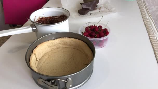Κέικ σφουγγαριού, γκανάς σοκολάτας και σμέουρα. Μαγειρική Levington Pie. — Αρχείο Βίντεο