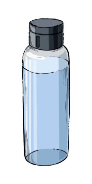 Çizgi film tasarımında kullanışlı bir su şişesi. Eskiz stili plastik yeniden kullanılabilir spor aksesuarı. Uygun jimnastik aletleri taslak. Beyaz üzerine izole edilmiş dikey şişe..