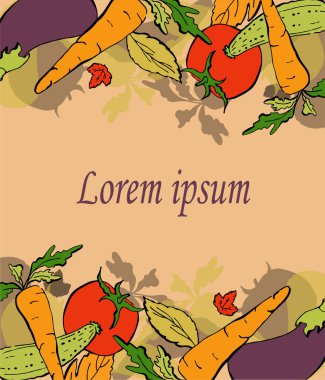 Gerçekçi sebzeler menü için çerçeve şablonu, fiyat etiketleri, dükkanlar, pazarlar, afişler, posterler. Taze havuç, patlıcan, domates, salatalık şekilli karalama. Sağlıklı gıda konsepti. Vejetaryen doğal beslenme. 