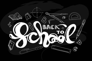 Okuldaki siyah arkaplan gri fırçayla ilgili metne geri dönelim. Okul eşyaları çizim tasarımı ile sınıf klasiklerine geri dön: cetvel, silgi, kalem, kalem, pusula, ayırıcı, açıölçer, kare kök