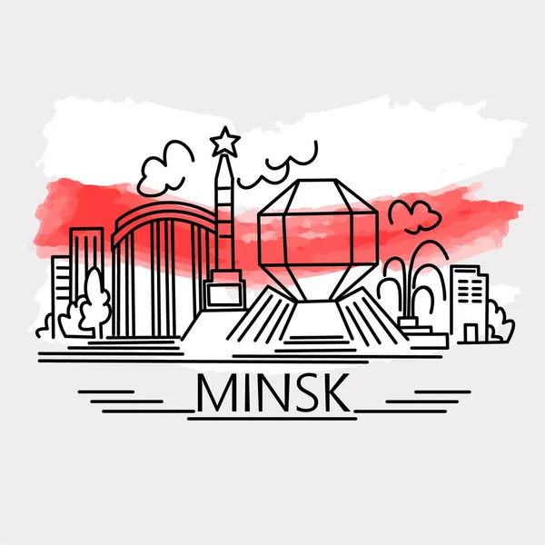 Line art Minsk vector red white historical flag. Main capital sighseeings poster. Outline design buildings, monuments, attractions. Town landscape postcard, banner. Stand off, rally, strike symbol