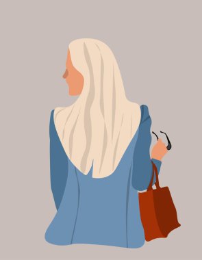 Güneş gözlüğü ve çantasıyla arkada duran güzel kız. Asgari moda vektör illüstrasyonu