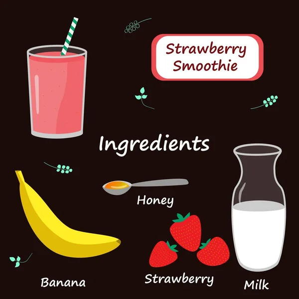 Sağlıklı Çilekli Smoothie Tarifi Çindekiler Çilek Muz Süt Bal — Stok Vektör