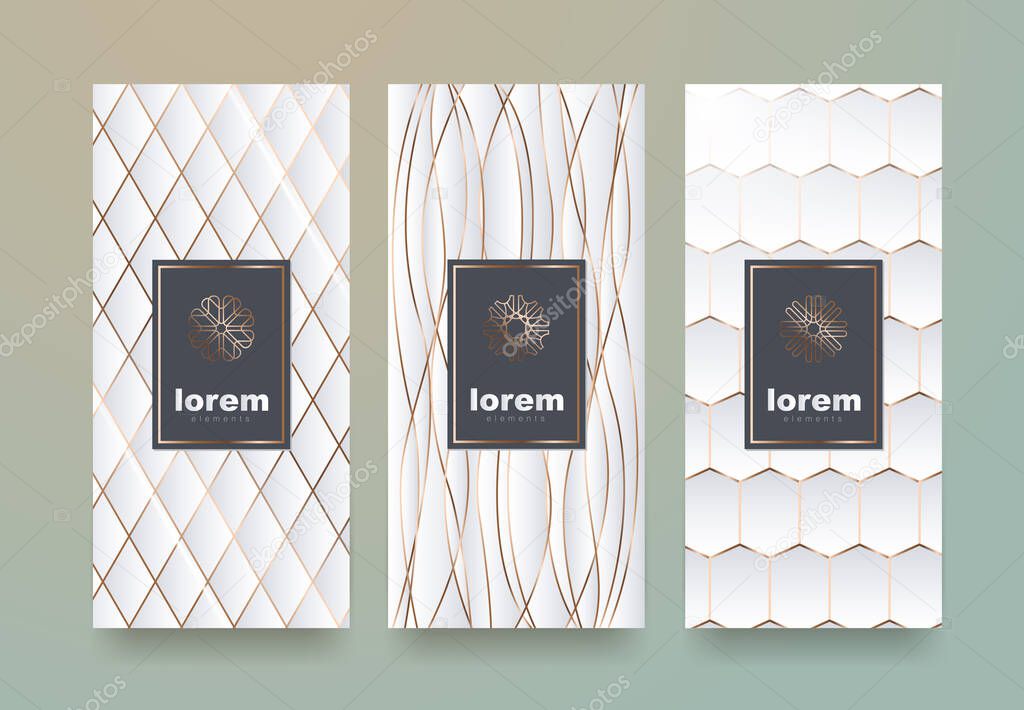 Vector set of templates packaging, labels and frames for packaging for luxury products in trendy linear style.